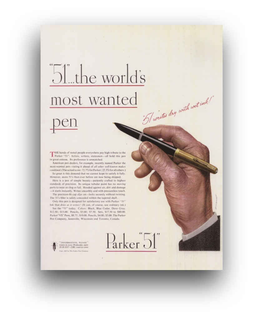 1940年代の初代パーカー51の歴史的グラフィック広告